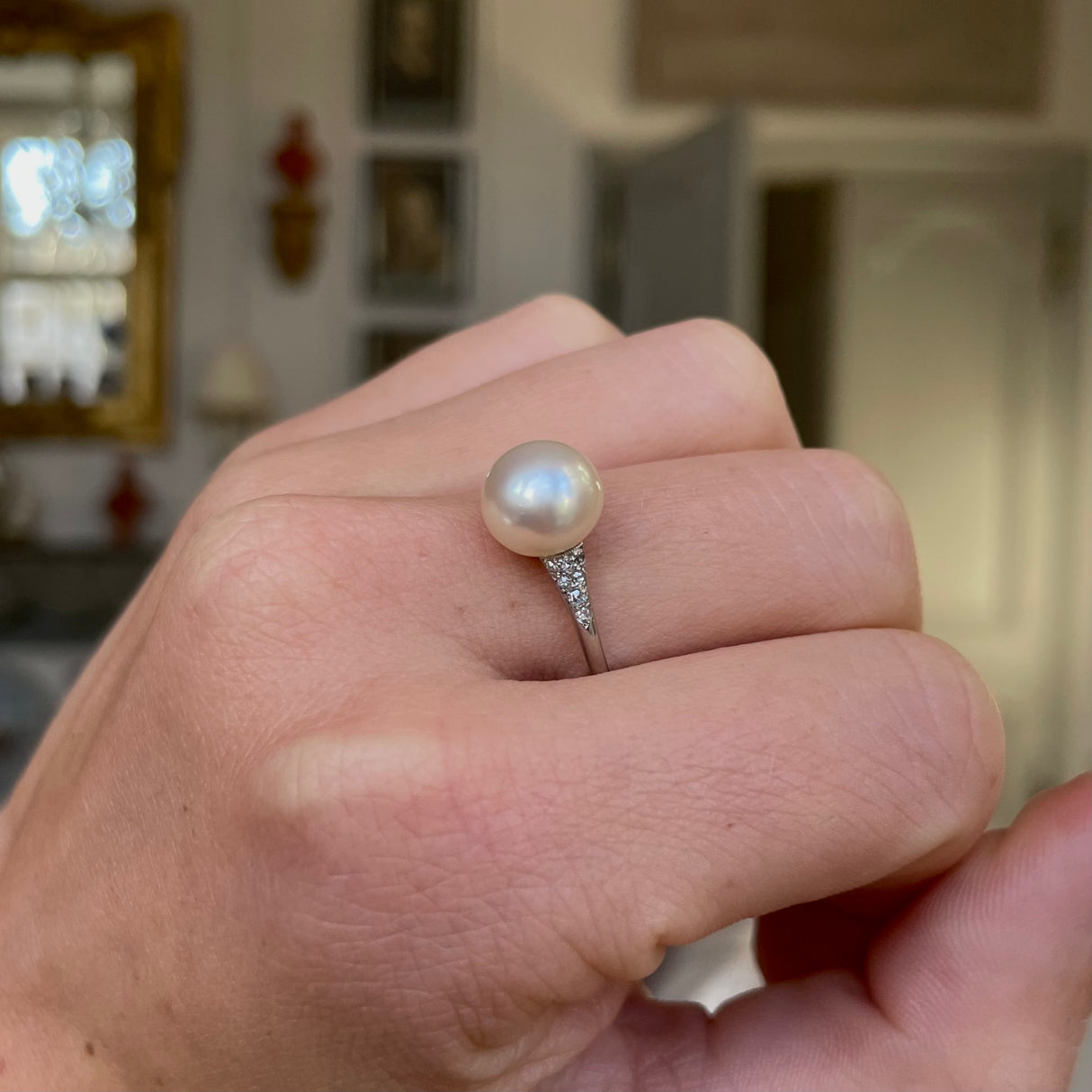 Exceptional, Edwardian, natural pearl & diamond ring