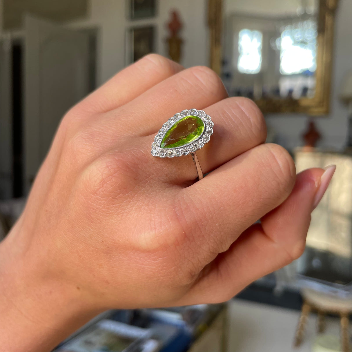 Edwardian, 18ct white gold, peridot & diamond cluster ring