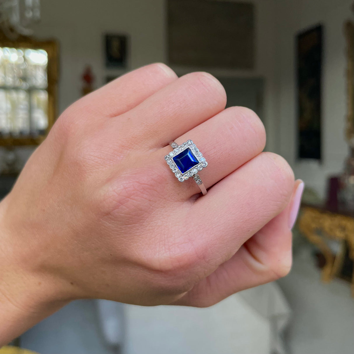 Edwardian Royal Blue Sapphire and Diamond Engagement Ring, Platinum