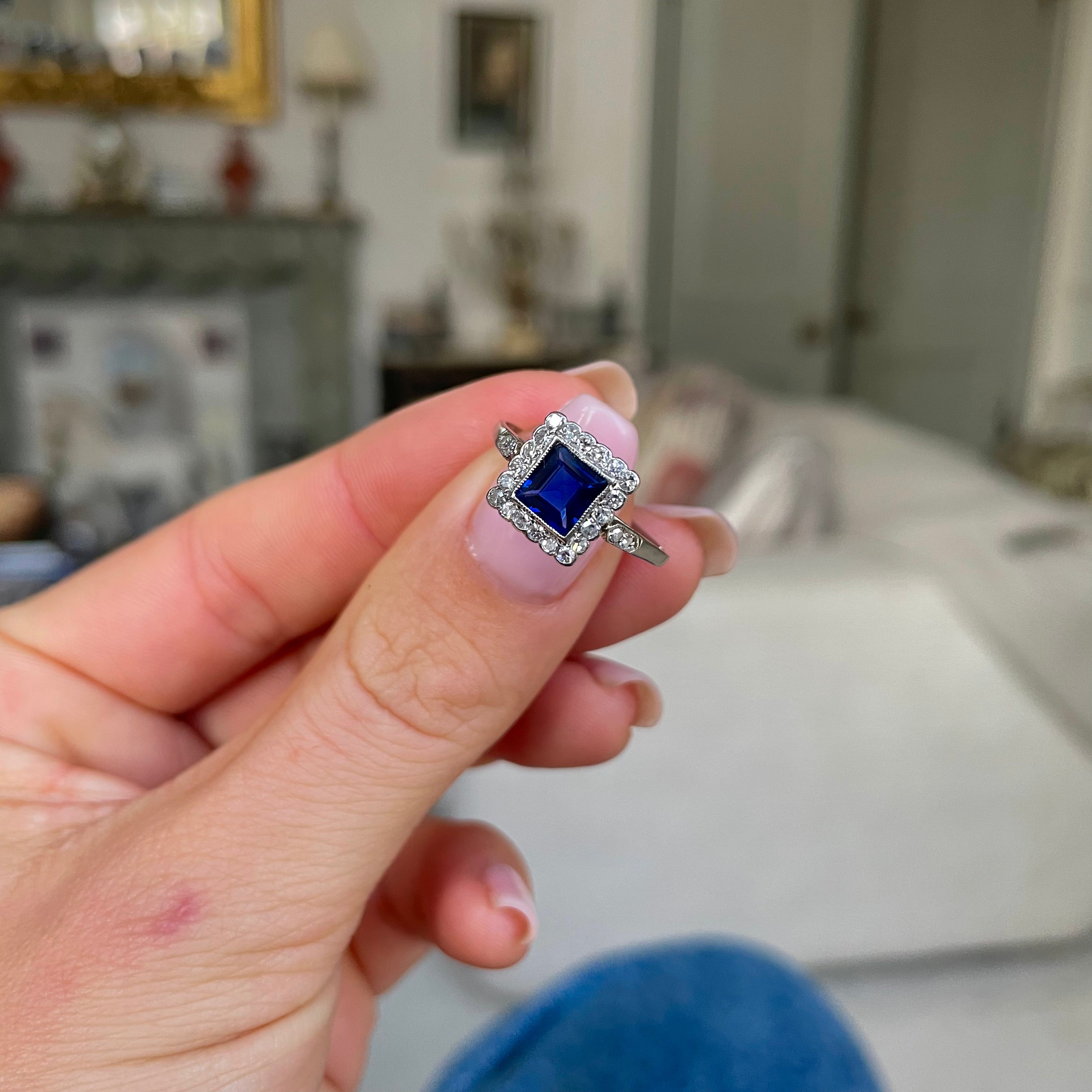 Edwardian royal blue sapphire & diamond engagement ring