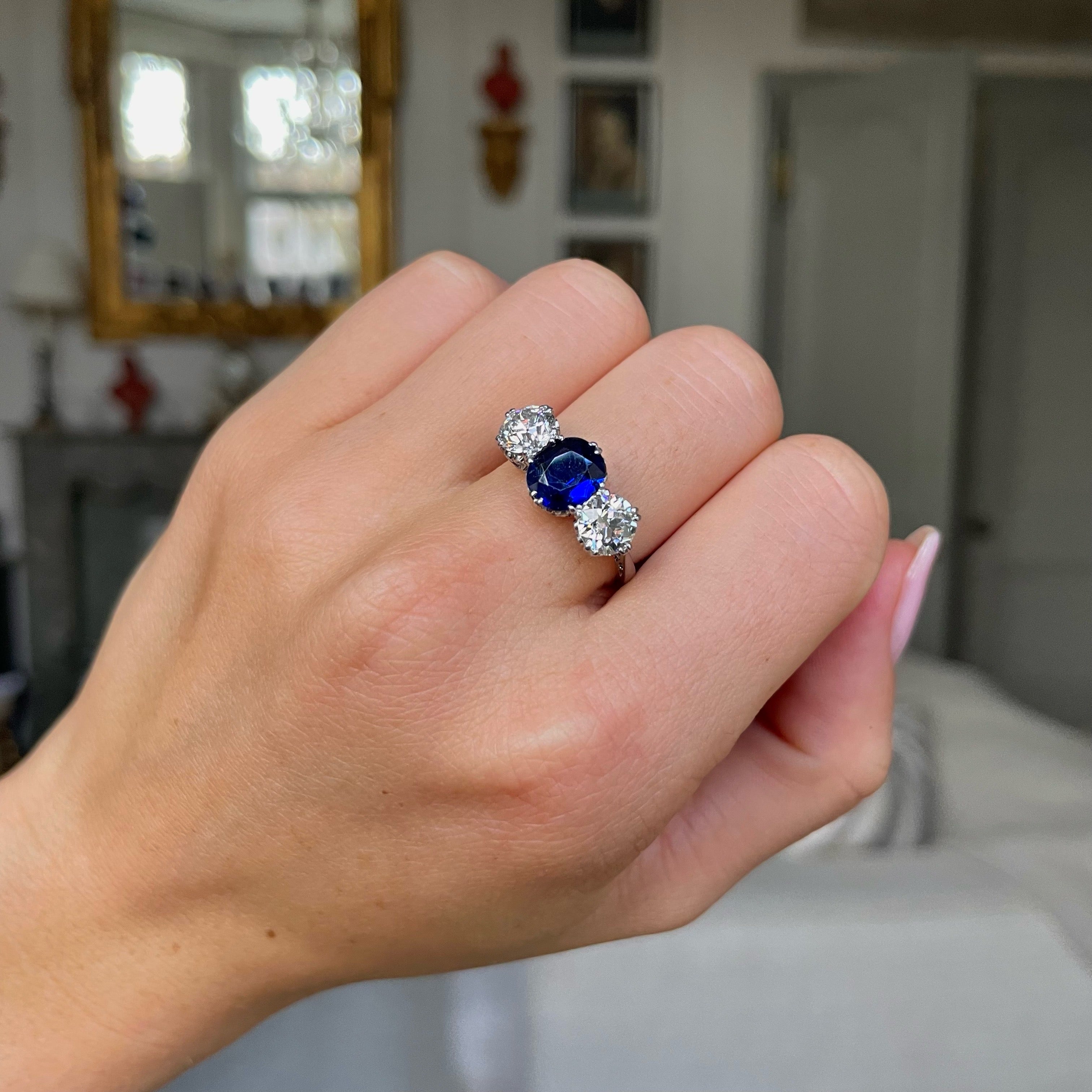 Montana Sapphire Ring, Three Stone 4mm & 5mm