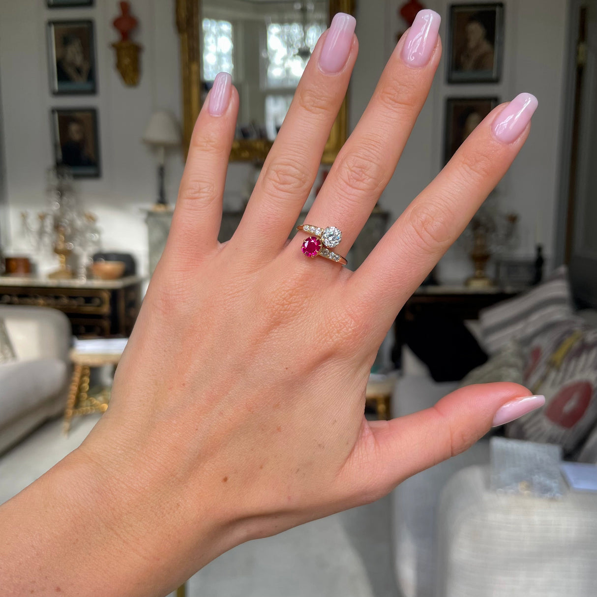 Antique,  Edwardian Burmese ruby and diamond ring toi et moi engagement ring
