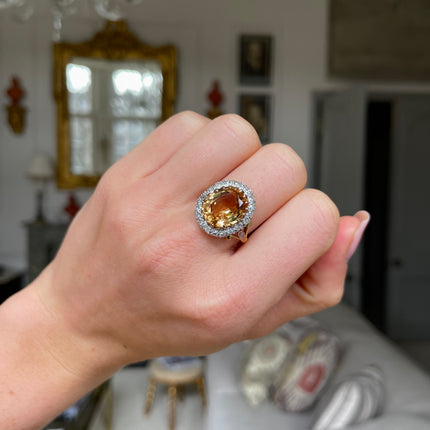 Antique, Edwardian 6ct Topaz and Diamond Cluster Ring, 18ct Yellow Gold