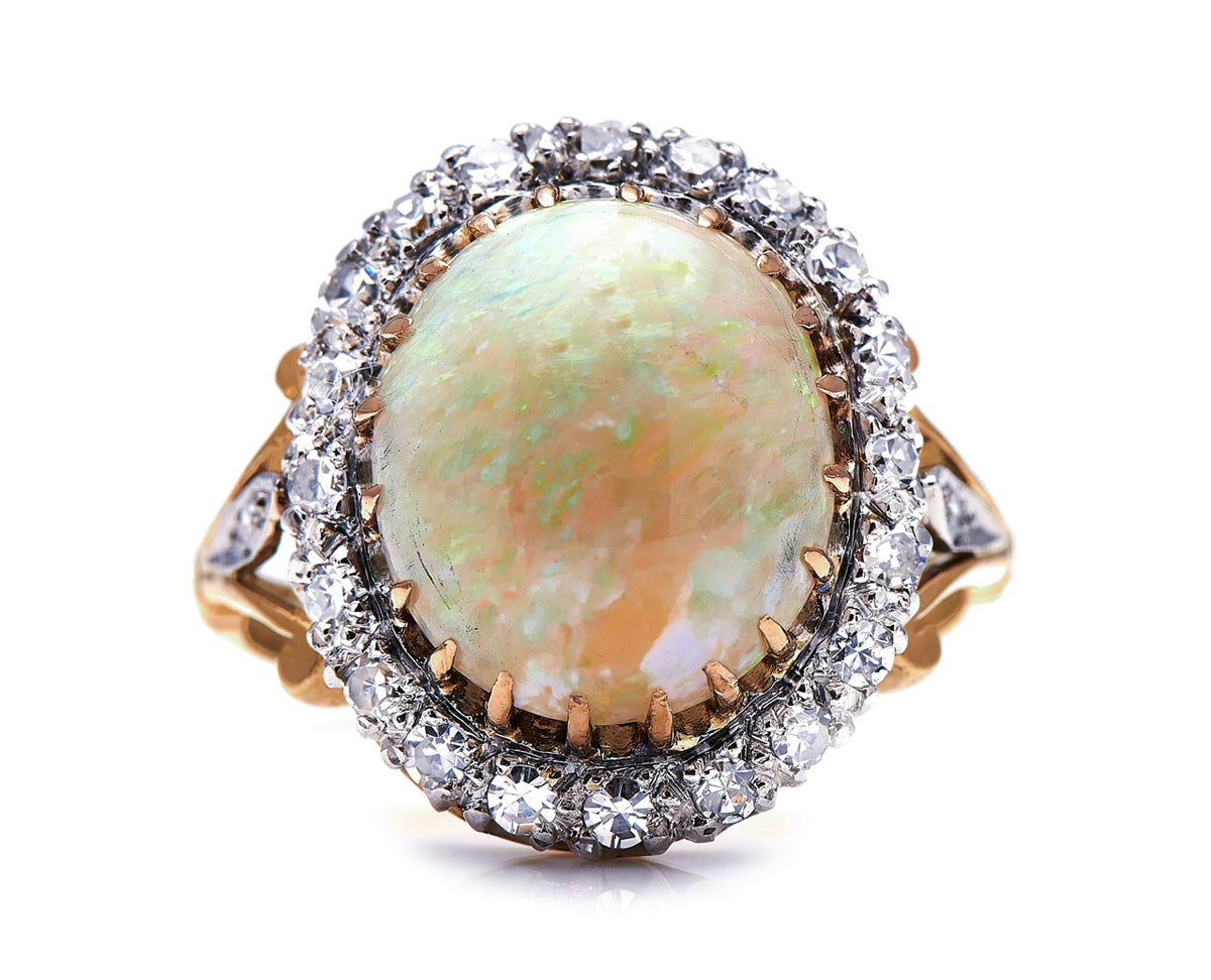 Edwardian, 18ct Gold, Australian Opal and Diamond Cluster Ring