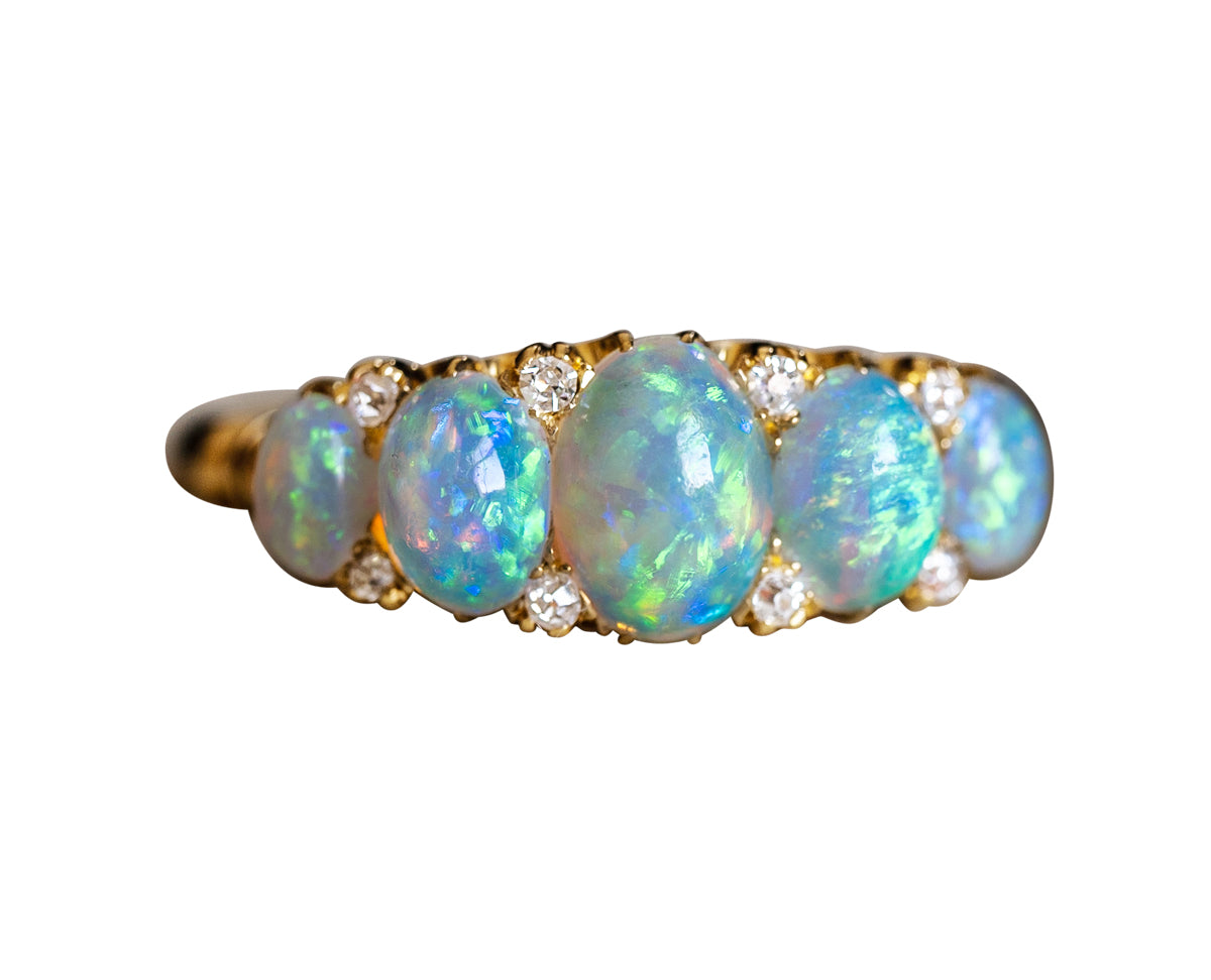 Opal-Gold-Diamond-Victorian-18-Carat-Gold-Five-Stone-Ring-Vintage-Antique-Half-Hoop
