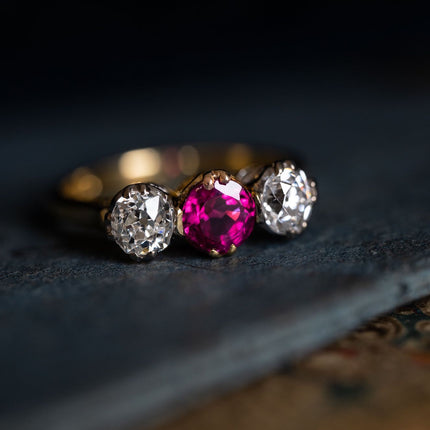 Antique Vintage Ruby and Diamond Three-Stone Engagement Ring