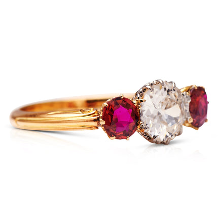 Edwardian, French, Diamond and Ruby Three Stone Ring