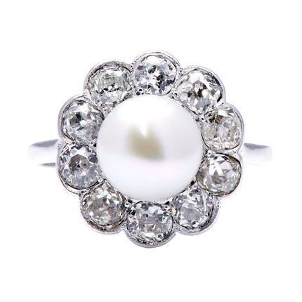 Edwardian, Platinum, Natural Pearl and Diamond Cluster Ring