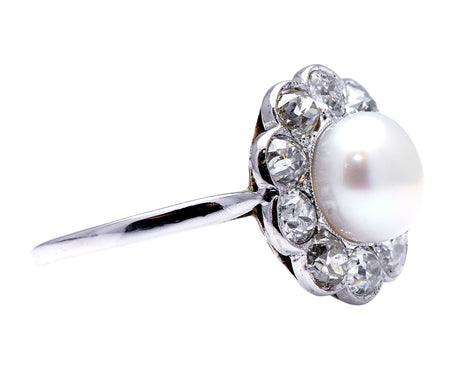 Edwardian, platinum, natural pearl and diamond cluster ring