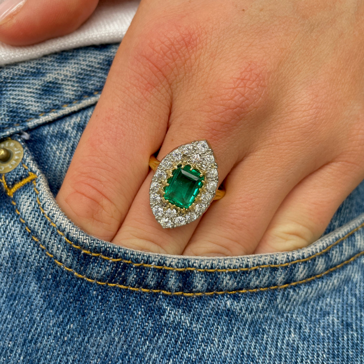 An Impressive Emerald and Diamond Navette Ring, 18ct Yellow Gold