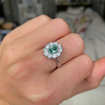 Austrian Emerald and Diamond Cluster Ring, 14ct White Gold