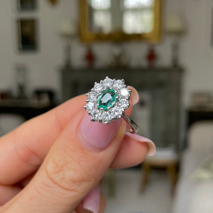 Austrian Emerald and Diamond Cluster Ring, 14ct White Gold