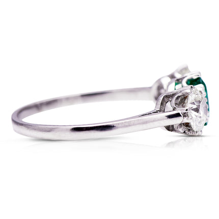  three stone, platinum, diamond and emerald ring - side view