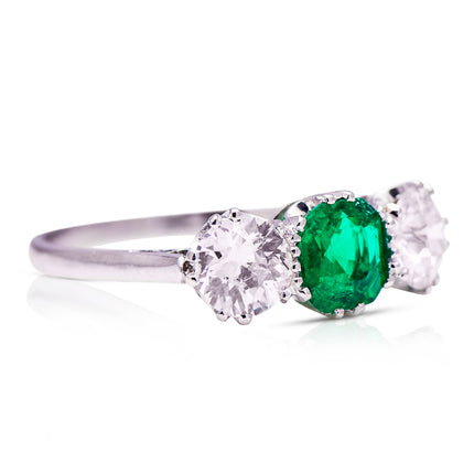  three stone, platinum, diamond and emerald ring - front side view