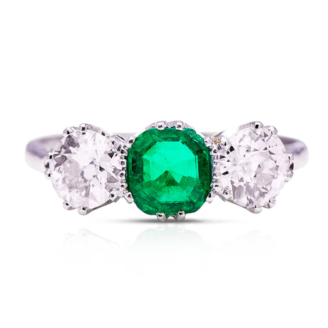  three stone, platinum, diamond and emerald ring