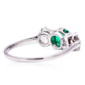  three stone, platinum, diamond and emerald ring rear side view