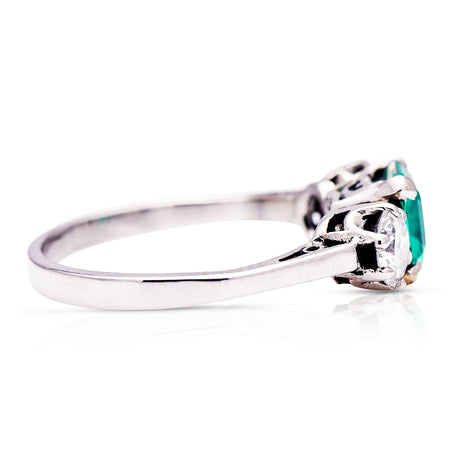 Colombian emerald | Art Deco, platinum, emerald and diamond three stone ring