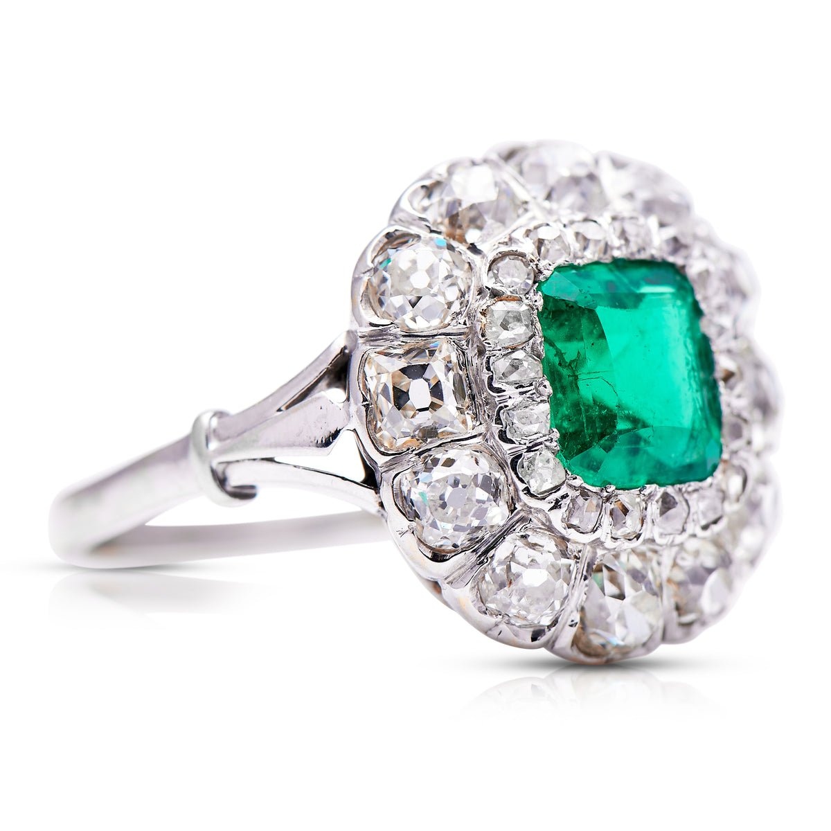 Antique, Victorian emerald and diamond cluster ring