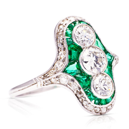 Antique Emerald |  Art Deco Emerald and Diamond Ring, Platinum