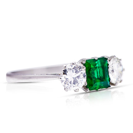 Fine Quality | Art Deco, Platinum, Emerald and Diamond Three Stone Ring