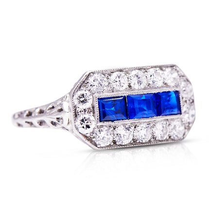 Art Deco Sapphire and Diamond Engagement Ring, Platinum