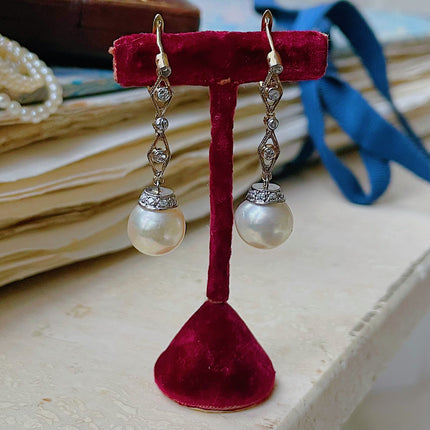Art Deco | Pearl and Diamond Drop Earrings, 18ct Yellow Gold, Platinum