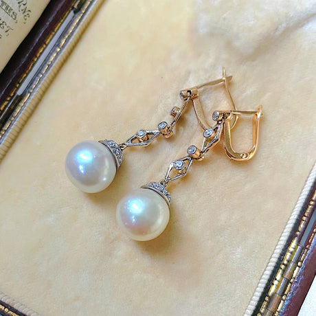 Pearl-Diamond-Drop-Earrings-Gold-Art-Deco-Style-Vintage-Unique-Geometric-Elegant-Antique