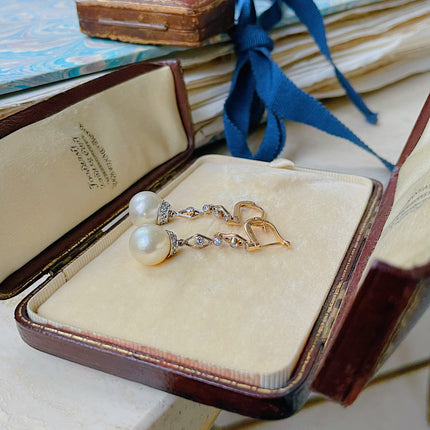 Art Deco | Pearl and Diamond Drop Earrings, 18ct Yellow Gold, Platinum