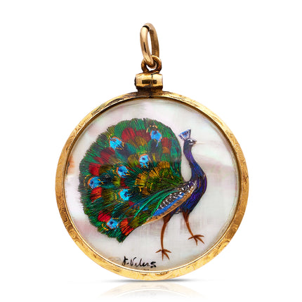 Antique-Victorian-Feather-Pendant-Peacock-Egret-Yellow-Gold