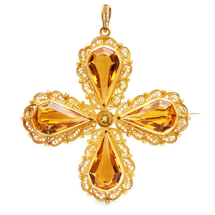 Antique-Georgian-Pendant-Brooch-Citrine-Yellow-Gold-Floral-Motif-Flower-18ct