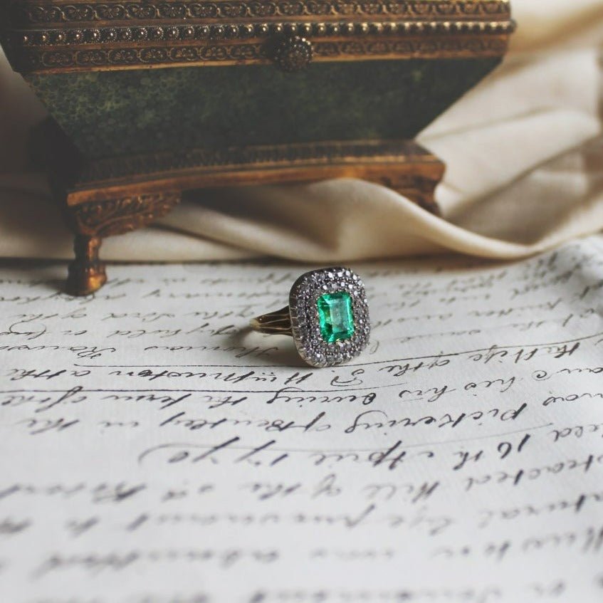 Georgian emerald and diamond cluster, front view. 