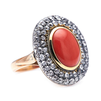 Georgian, 19th Century, 18ct Gold, Coral and Diamond Cluster Ring