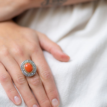 Georgian, 19th Century, 18ct Gold, Coral and Diamond Cluster Ring