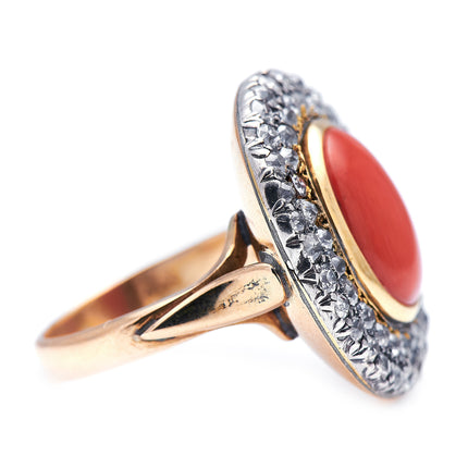 Georgian, 19th Century, 18ct Gold, Coral and Diamond Cluster Ring