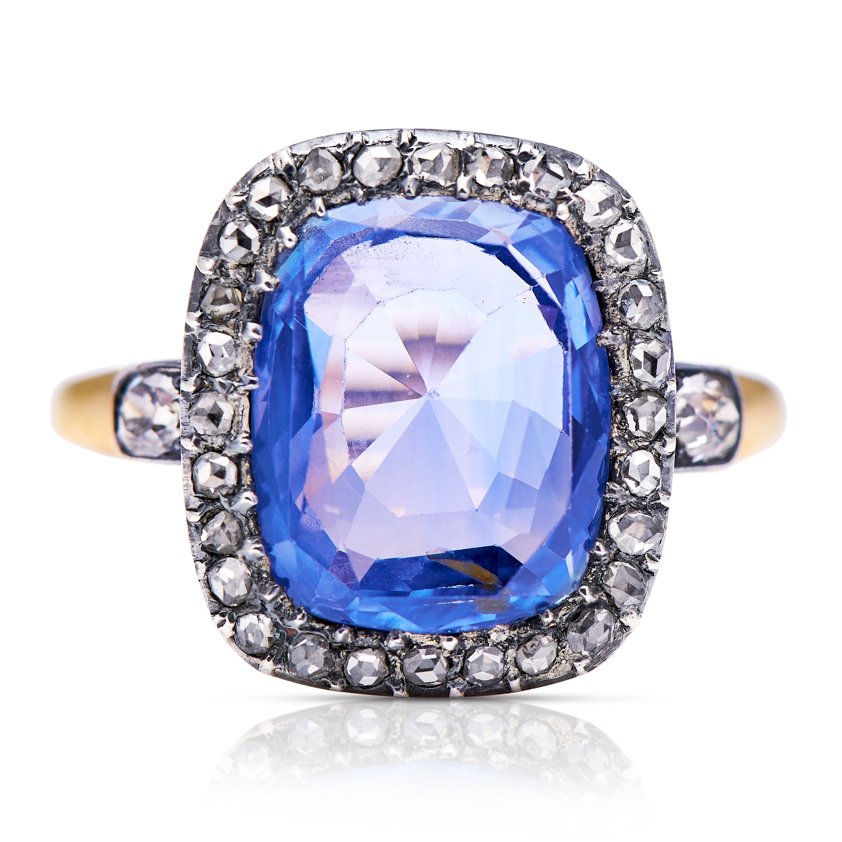 Early Victorian sapphire and diamond engagement ring, front view. 