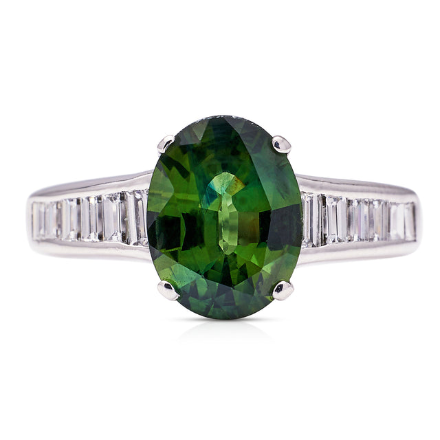Antique-Green-Sapphire-Engagement-Ring-Oval-Cut-Diamond-Shoulders-Vintage