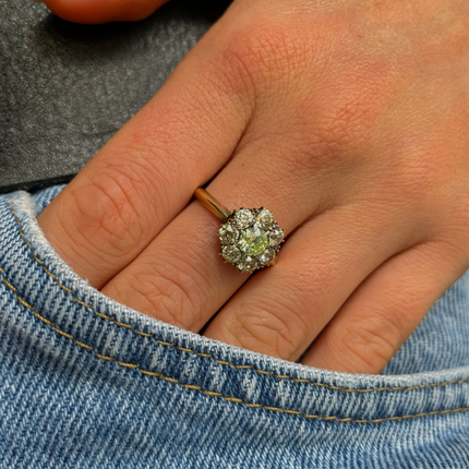 Antique Green-Yellow Diamond Cluster Engagement Ring, 18ct Yellow Gold