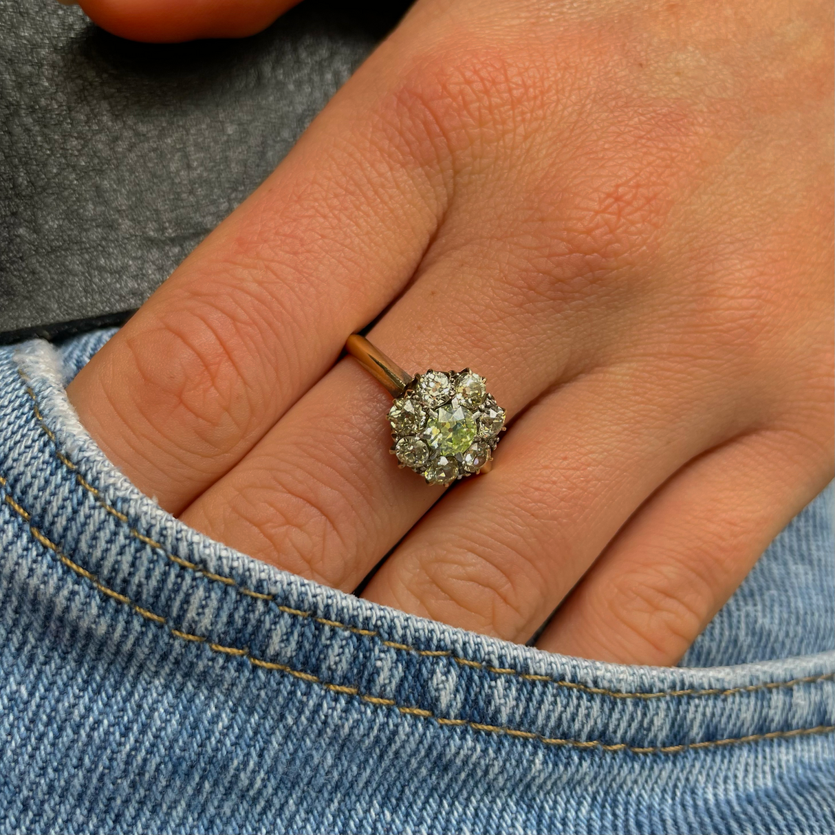 Antique green-yellow diamond cluster engagement ring, 18ct yellow gold