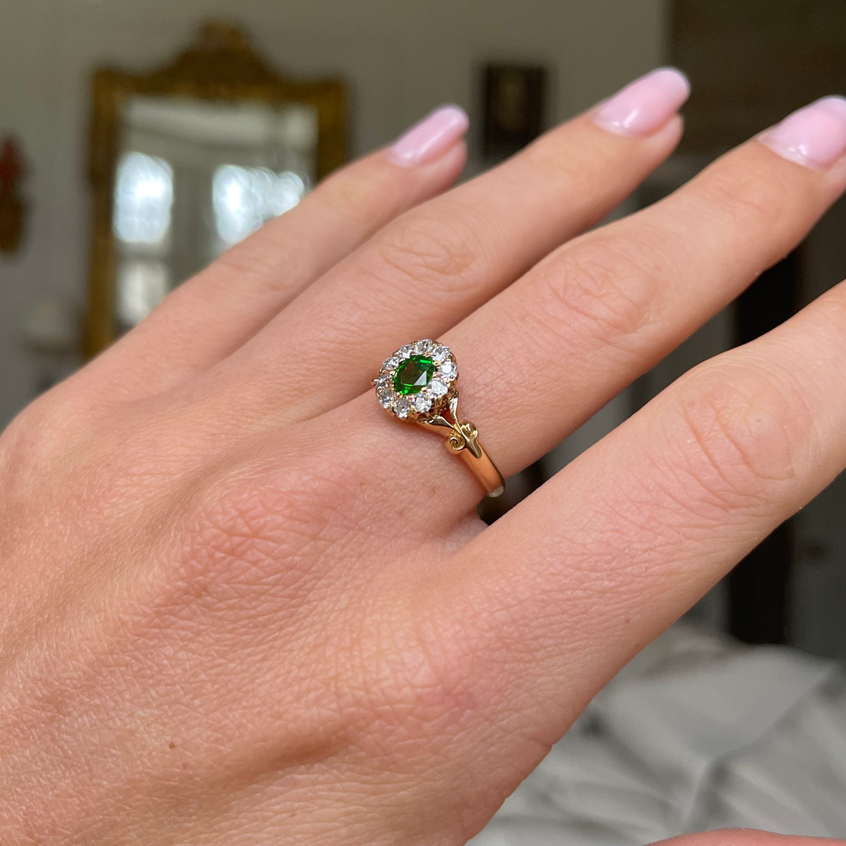 Edwardian | Vibrant Demantoid Garnet & Diamond Cluster, 18ct Gold