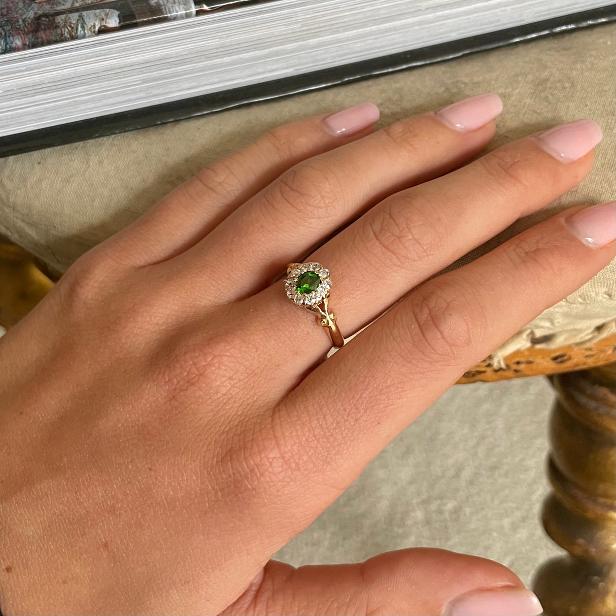 Edwardian | Vibrant Demantoid Garnet & Diamond Cluster, 18ct Gold