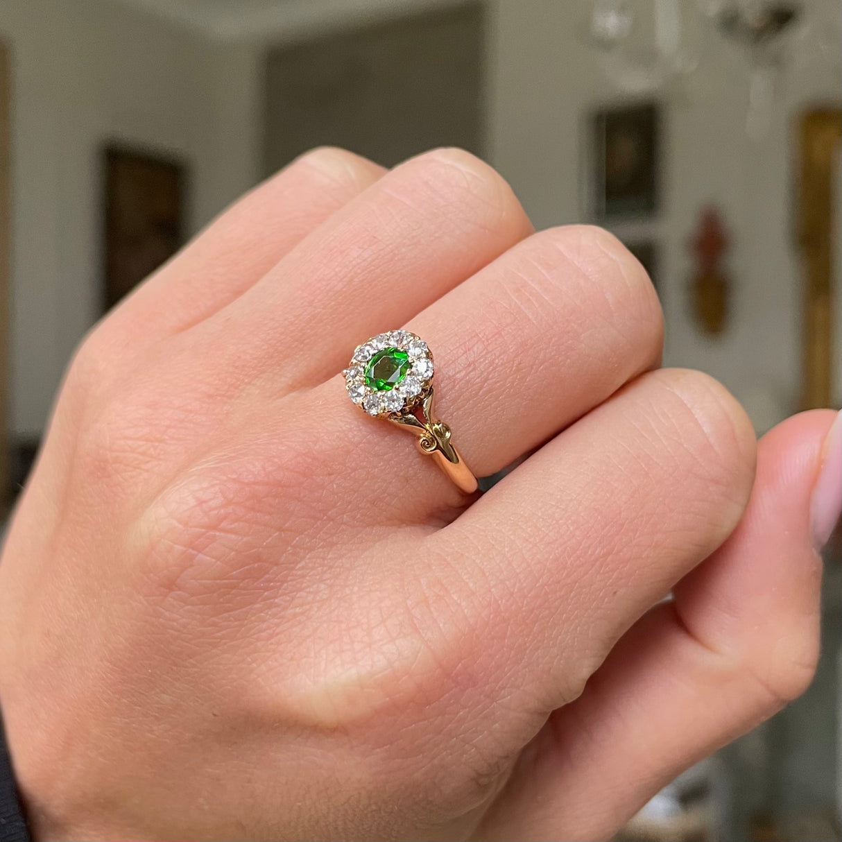 Edwardian | Vibrant Demantoid Garnet & Diamond Cluster, 18ct Gold