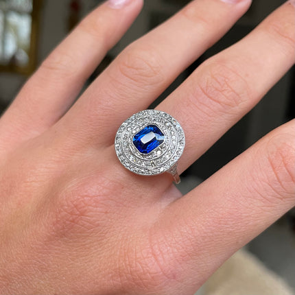 Art Deco Royal Blue Sapphire and Diamond Target Cluster Ring, Platinum