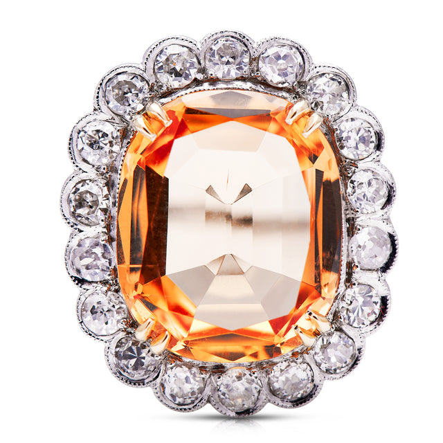 Edwardian, topaz and diamond cluster cocktail ring, front view. 