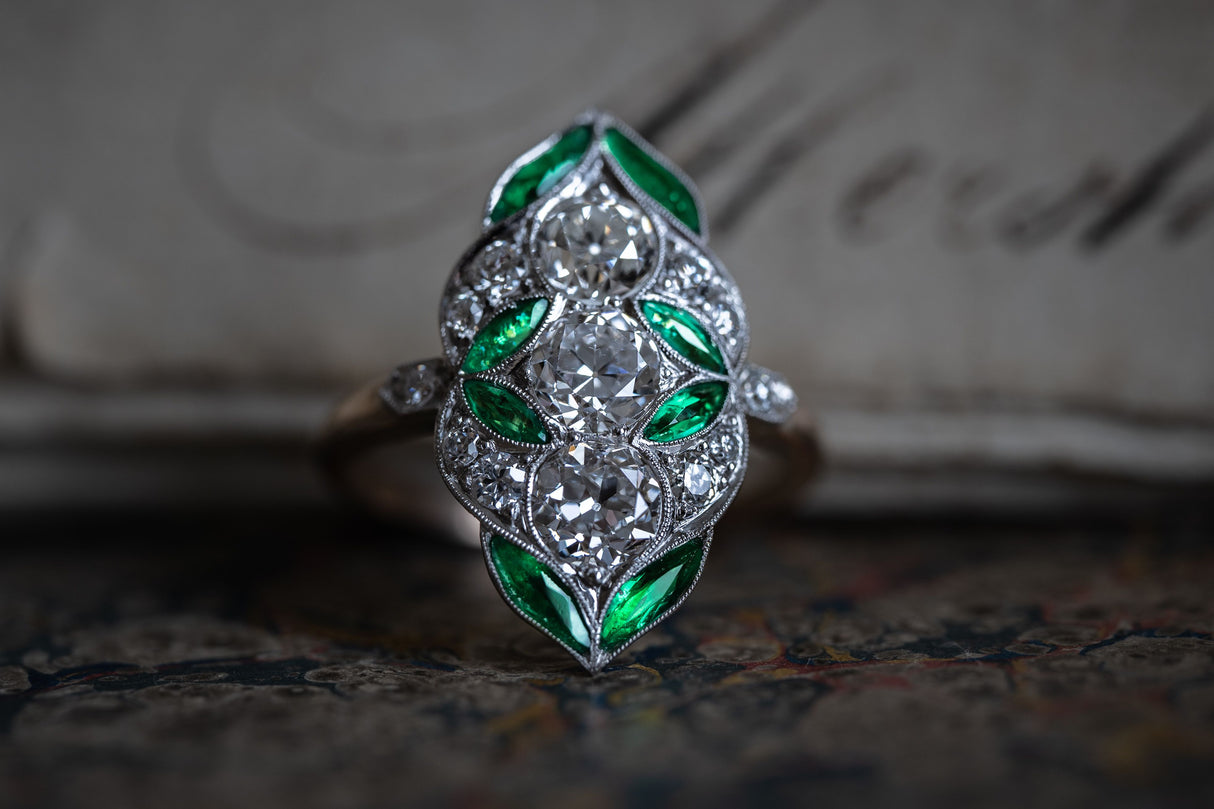 Art Nouveau, 18ct Gold, Emerald and Diamond Ring  Antique Engagement Rings | Antique Emerald Rings | Emerald Engagement Rings | Emerald and Diamonds Rings | Diamond Engagement Rings | Antique Rings | Antique Ring Boutique | Vintage Engagement Rings | Antique Engagement Rings | Antique Jewellery company | Vintage Jewellery 