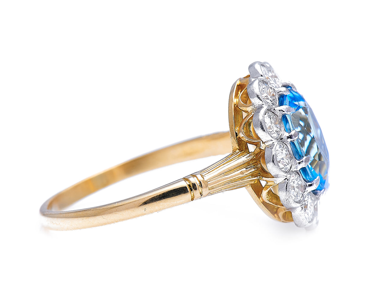 Mid Century, 18ct Gold, Aquamarine and Diamond Cluster Ring