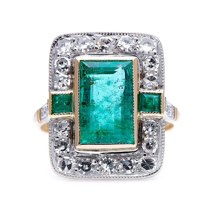 Mid Century, 18ct Gold, Emerald and Diamond Cluster Ring