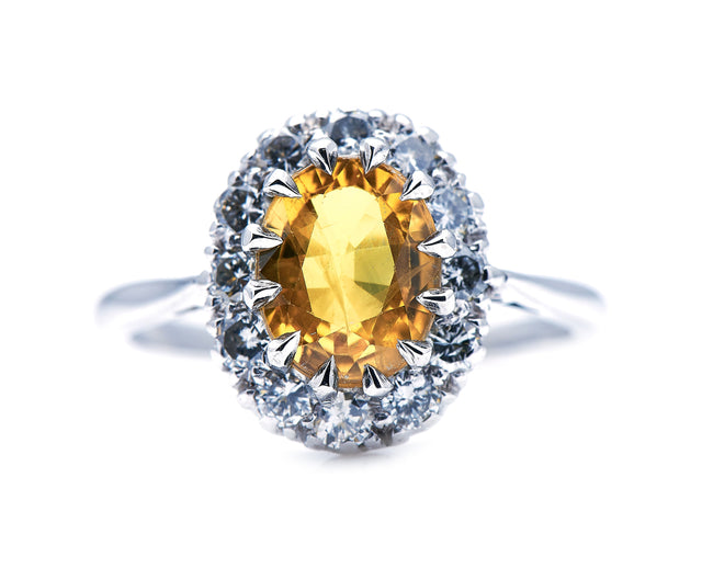 Mid-Century-18-Carat-White-Gold-Yellow-Sapphire-Diamond-Ring-Antique