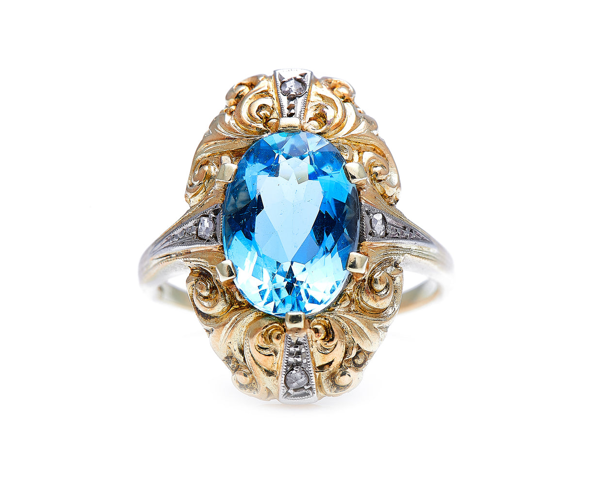 Aquamarine-Beryl-Diamond-Mid-Century-14-Carat-Gold-Vintage-Ring-Antique