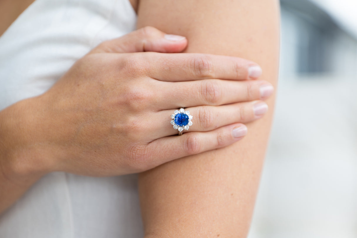 Mid Century, Platinum, Cornflower Blue Sapphire and Diamond Cluster Ring