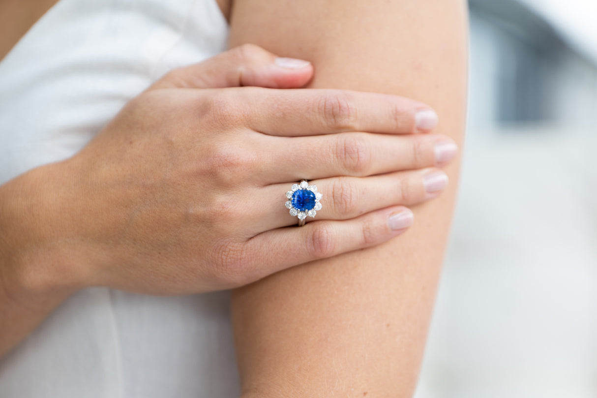Mid century, platinum, cornflower blue sapphire and diamond cluster ring